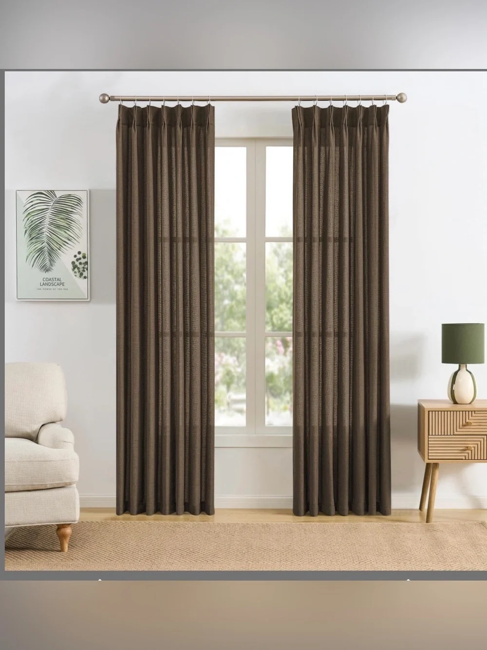 Brown Pinch Pleated Linen Curtains Semi Sheer Memory Trained 42”x102” 3 sets New